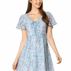 Allegra K Floral Lace-up V-neck Flouncing Sleeve Chiffon Dress Clothing 97 Allegra K Floral Lace-up V-neck Flouncing Sleeve Chiffon Dress Clothing