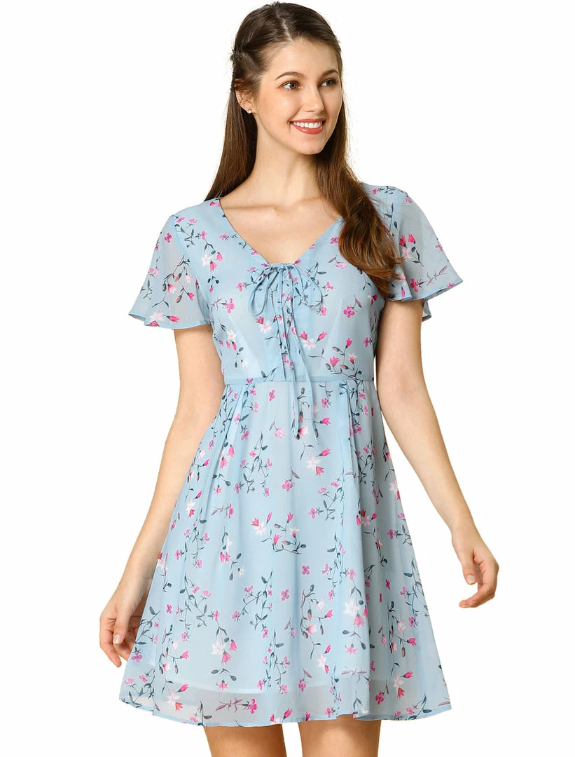 Allegra K Floral Lace-up V-neck Flouncing Sleeve Chiffon Dress Clothing 21 Allegra K Floral Lace-up V-neck Flouncing Sleeve Chiffon Dress Clothing