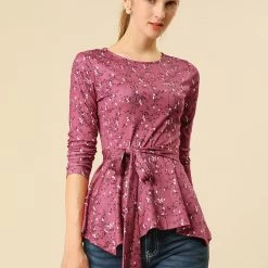 Allegra K]Waist Tie Peplum Top In Floral Print Women