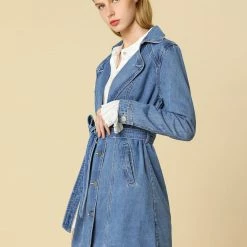 Women Allegra K Notched Lapel Single Breasted Denim Trench Coat