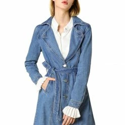 Women Allegra K Notched Lapel Single Breasted Denim Trench Coat