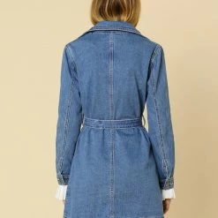 Women Allegra K Notched Lapel Single Breasted Denim Trench Coat