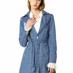 Women Allegra K Notched Lapel Single Breasted Denim Trench Coat