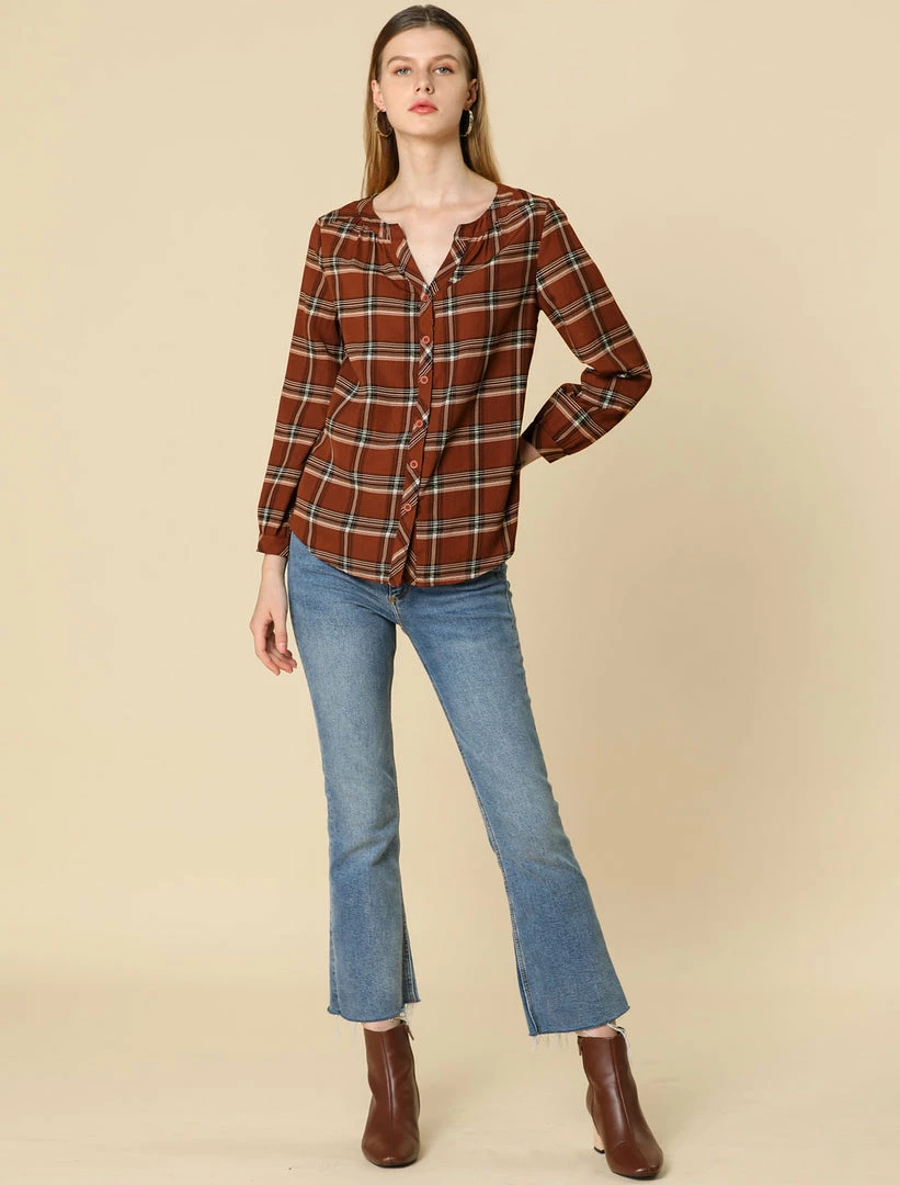 Allegra K Women's Button Up Long Sleeve Shirt Casual Split Neck Plaid Blouse Tops 18 Allegra K Women's Button Up Long Sleeve Shirt Casual Split Neck Plaid Blouse Tops