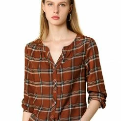Allegra K Women's Button Up Long Sleeve Shirt Casual Split Neck Plaid Blouse Tops 46 Allegra K Women's Button Up Long Sleeve Shirt Casual Split Neck Plaid Blouse Tops