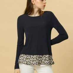 Allegra K Women's Round Neck Long Sleeves Tops Knit Side Slits Floral Hem Blouse