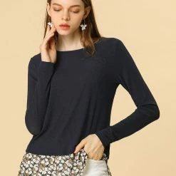 Allegra K Women's Round Neck Long Sleeves Tops Knit Side Slits Floral Hem Blouse