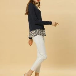 Allegra K Women's Round Neck Long Sleeves Tops Knit Side Slits Floral Hem Blouse