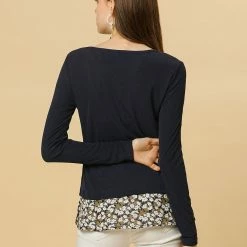 Allegra K Women's Round Neck Long Sleeves Tops Knit Side Slits Floral Hem Blouse