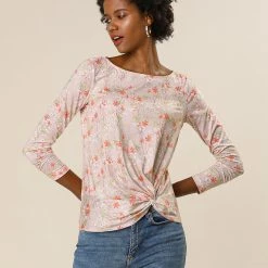 Allegra K Floral Print Front Knot Asymmetrical Hem Boat Neckline Casual Long Sleeve Top Women 13 Allegra K Floral Print Front Knot Asymmetrical Hem Boat Neckline Casual Long Sleeve Top Women