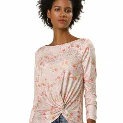 Allegra K Floral Print Front Knot Asymmetrical Hem Boat Neckline Casual Long Sleeve Top Women