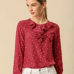 Allegra K Ruffle Neck Vintage Polka Dots Long Sleeve Blouse Clothing