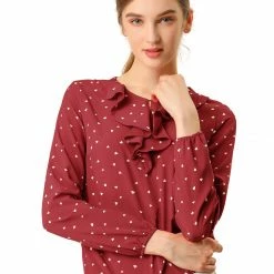 Allegra K Ruffle Neck Vintage Polka Dots Long Sleeve Blouse Clothing