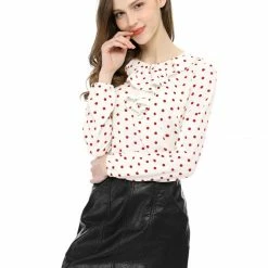 Allegra K Ruffle Neck Vintage Polka Dots Long Sleeve Blouse Clothing