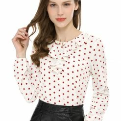 Allegra K Ruffle Neck Vintage Polka Dots Long Sleeve Blouse Clothing