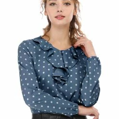 Allegra K Ruffle Neck Vintage Polka Dots Long Sleeve Blouse Clothing