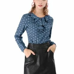 Allegra K Ruffle Neck Vintage Polka Dots Long Sleeve Blouse Clothing