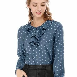 Allegra K Ruffle Neck Vintage Polka Dots Long Sleeve Blouse Clothing