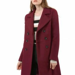 Allegra K Double Breasted Notched Lapel Mid-Length Coat
