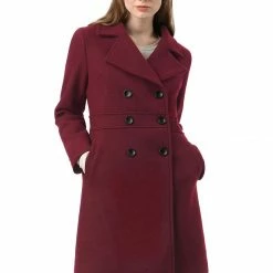 Allegra K Double Breasted Notched Lapel Mid-Length Coat