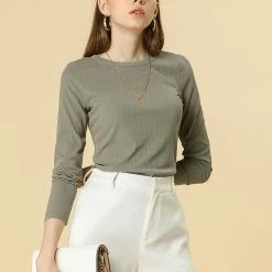 Allegra K Crew Neck Ribbed Slim Fit Knit Top Women