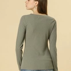 Allegra K Crew Neck Ribbed Slim Fit Knit Top Women