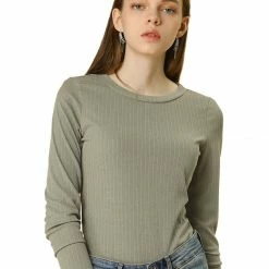 Allegra K Crew Neck Ribbed Slim Fit Knit Top Women