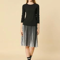 Allegra K Crew Neck Ribbed Slim Fit Knit Top Women