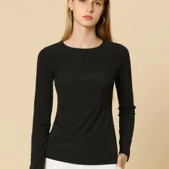 Allegra K Crew Neck Ribbed Slim Fit Knit Top Women