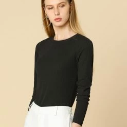 Allegra K Crew Neck Ribbed Slim Fit Knit Top Women