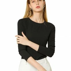 Allegra K Crew Neck Ribbed Slim Fit Knit Top Women