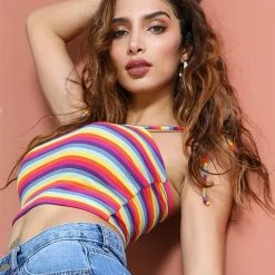 Allegra K Rainbow Striped Summer Cami Crop Top