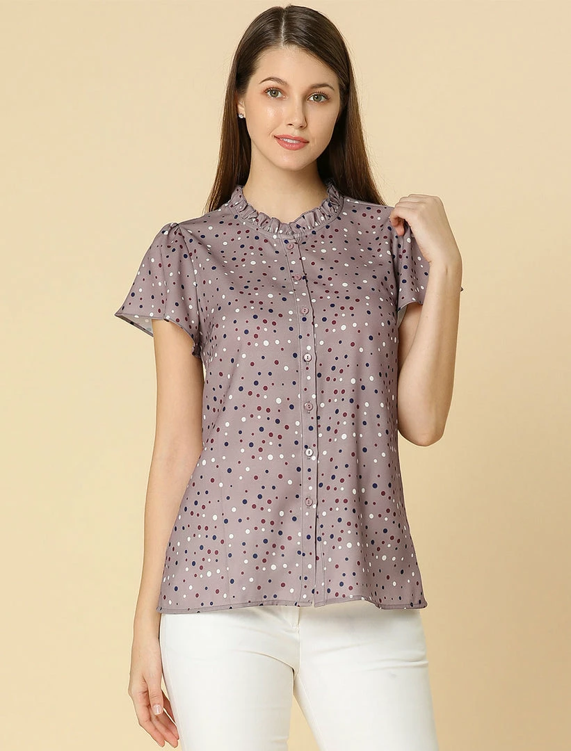 Women Allegra K Dot Print Ruffle Sleeve Button Up Top 36 Women Allegra K Dot Print Ruffle Sleeve Button Up Top