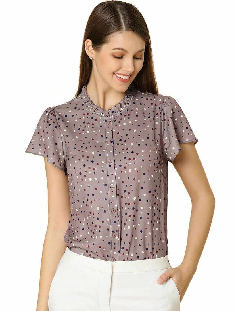 Women Allegra K Dot Print Ruffle Sleeve Button Up Top 34 Women Allegra K Dot Print Ruffle Sleeve Button Up Top
