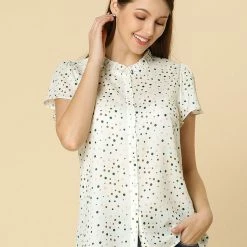 Women Allegra K Dot Print Ruffle Sleeve Button Up Top 72 Women Allegra K Dot Print Ruffle Sleeve Button Up Top