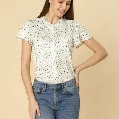 Women Allegra K Dot Print Ruffle Sleeve Button Up Top 73 Women Allegra K Dot Print Ruffle Sleeve Button Up Top