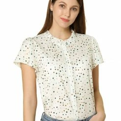 Women Allegra K Dot Print Ruffle Sleeve Button Up Top 70 Women Allegra K Dot Print Ruffle Sleeve Button Up Top