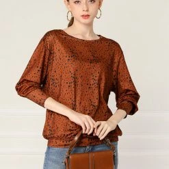 Women Allegra K Casual Round Neck Long Sleeve Leopard Print Blouson Top 36 Women Allegra K Casual Round Neck Long Sleeve Leopard Print Blouson Top