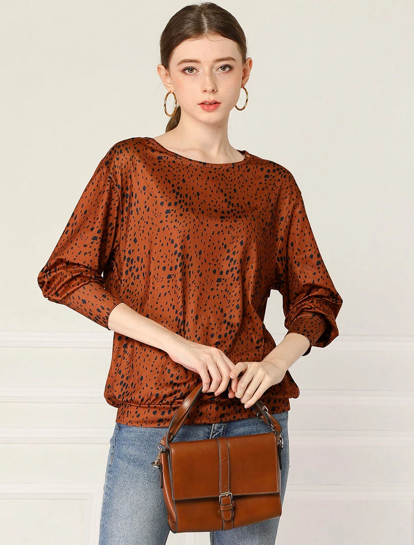 Women Allegra K Casual Round Neck Long Sleeve Leopard Print Blouson Top 18 Women Allegra K Casual Round Neck Long Sleeve Leopard Print Blouson Top