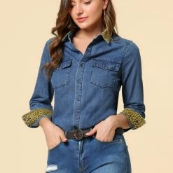 Allegra K Leopard Print Button Up Top Rolled Cuff Loose Denim Shirt