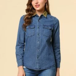 Allegra K Leopard Print Button Up Top Rolled Cuff Loose Denim Shirt