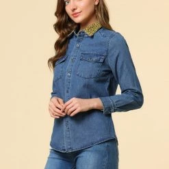 Allegra K Leopard Print Button Up Top Rolled Cuff Loose Denim Shirt