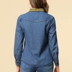 Allegra K Leopard Print Button Up Top Rolled Cuff Loose Denim Shirt