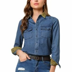 Allegra K Leopard Print Button Up Top Rolled Cuff Loose Denim Shirt