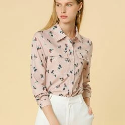 Allegra K Abstract Geometric Print Long Sleeves Point Collar Button Down Shirt With Chest Pockets