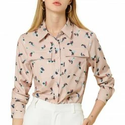 Allegra K Abstract Geometric Print Long Sleeves Point Collar Button Down Shirt With Chest Pockets