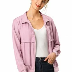 Women Allegra K Lightweight Ribbed Jacket With Stand Collar