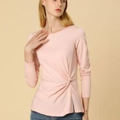 Allegra K Round Neck Front Twist Tops Long Sleeve Shirt