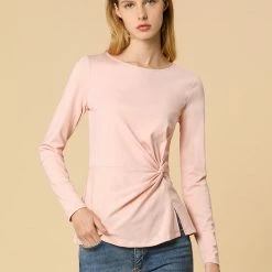 Allegra K Round Neck Front Twist Tops Long Sleeve Shirt