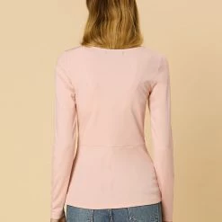 Allegra K Round Neck Front Twist Tops Long Sleeve Shirt